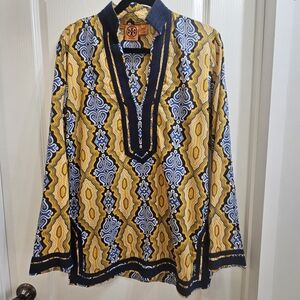 Tory Burch Yellow and Navy Patterned Tunic Blouse